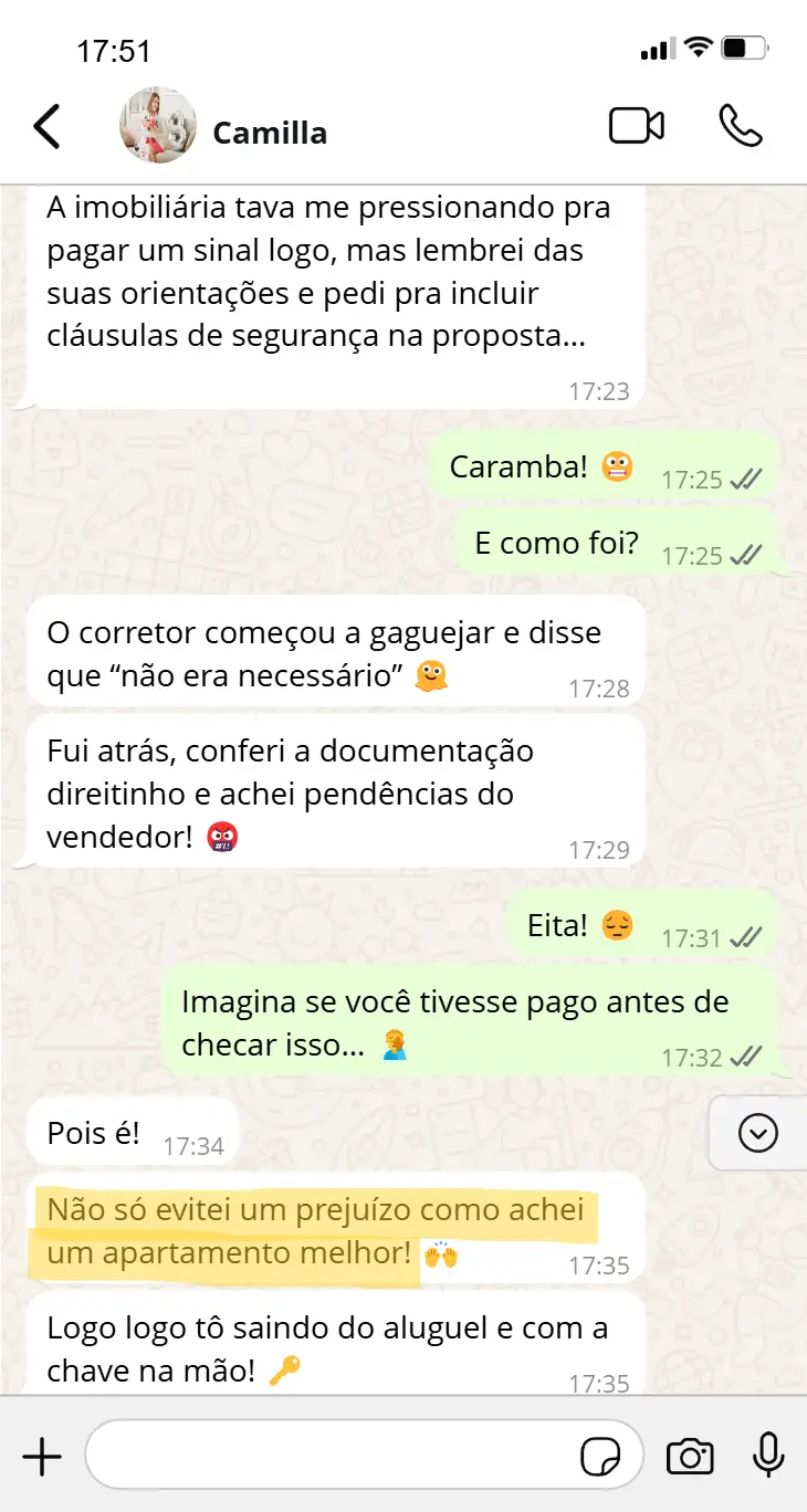 Camilla incluiu cláusulas na proposta e achou pendências do vendedor
